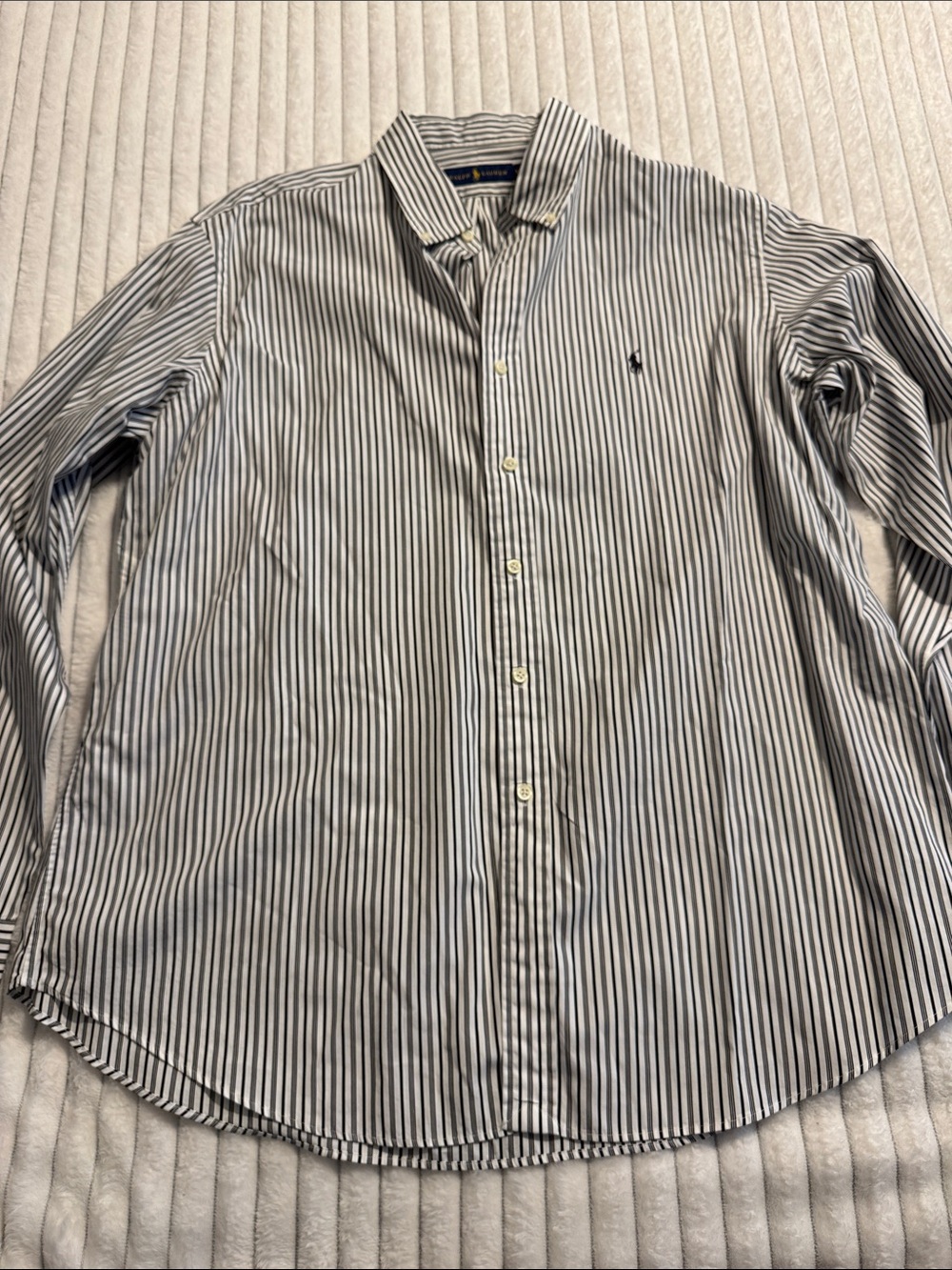 Ralph Lauren Navy and White Striped Button-Up Shirt 100% Cotton